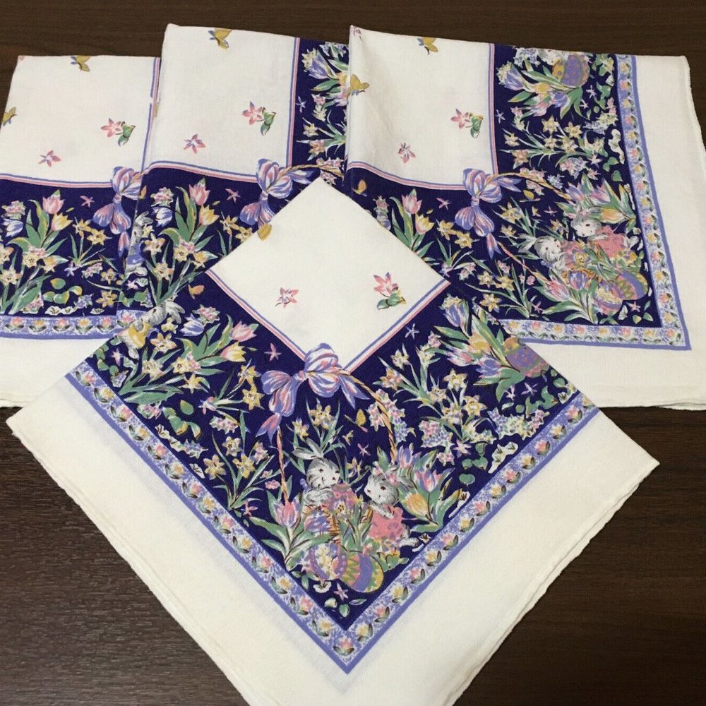Vintage 1995 Cloth Napkins Set of 4 Bunny Rabbit Eggs Easter Spring 100% Cotton